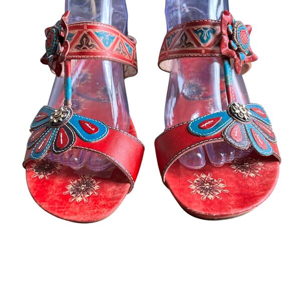 Corky's Haiti Sandals Wedge Size 11 Red Turquoise Leather Floral Slip On Slide - Picture 4 of 8